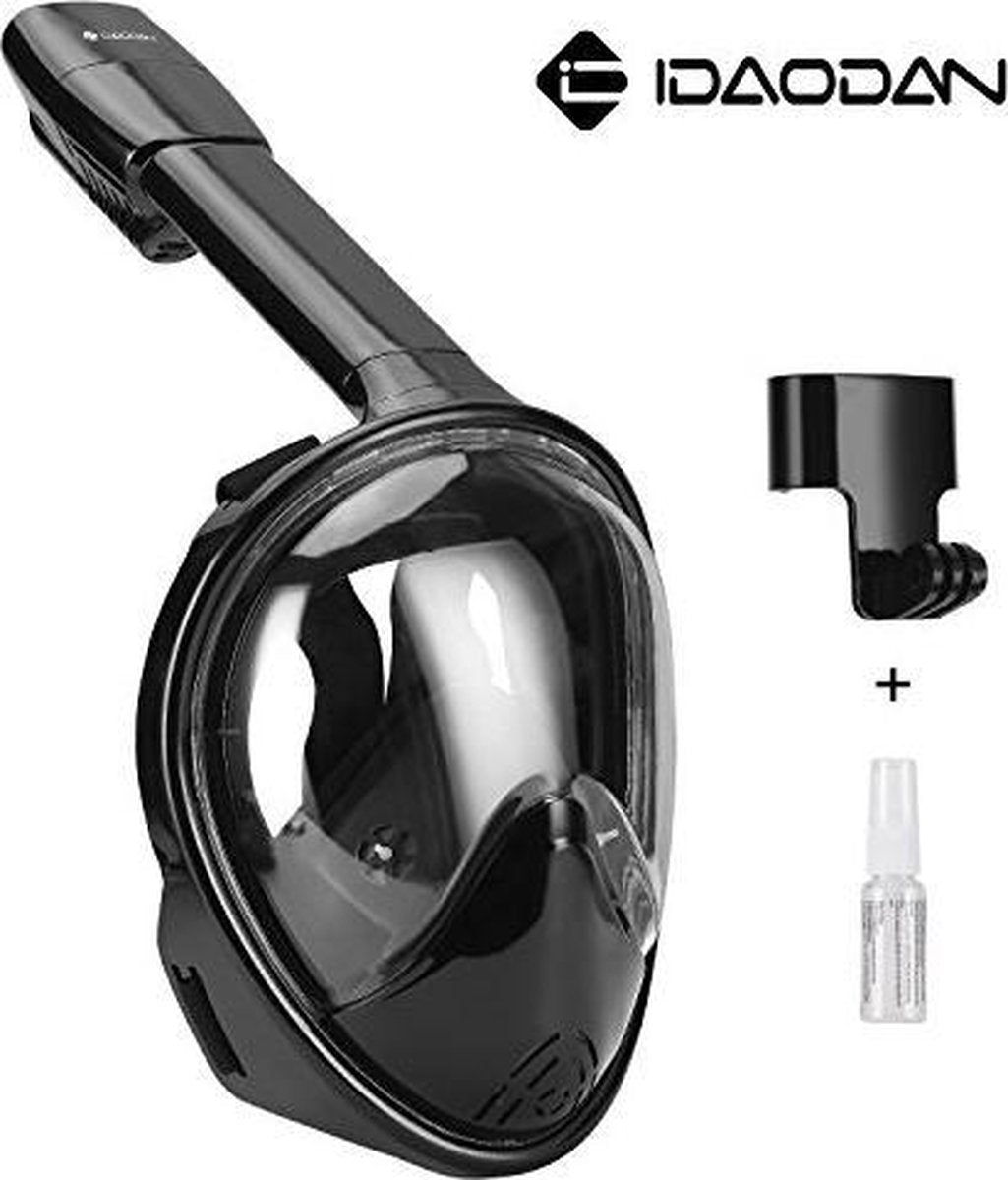 Duikmasker Zwart | Full face Duikbril met Snorkel | Snorkelset Zwart - Snorkelmasker | Inc. GoPro aansluiting | Snorkelset | Maat L/XL