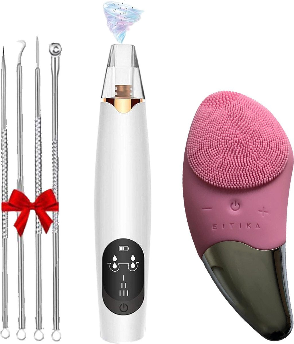 Blackhead Remover - Gezichtsreiniger - Inclusief Gezicht Borstel en comedonenlepel - Mee eters Verwijderen - Poriënreiniger - 3 Opzetstukken - Wit/Licht Roze