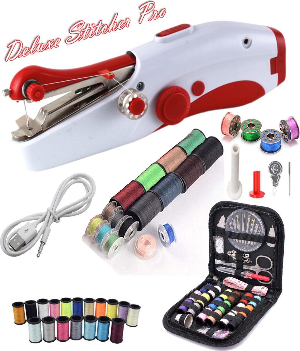Deluxe Stitcher Pro - PREMIUM Handnaaimachine met USB Kabel en 96 Delige Starterskit - Mini naaimachine - Compact - Draadloos - Draagbare Reis Hand Naaimachine - Incl. 38 Spoelen met garen - Elektrisch of op Batterijen