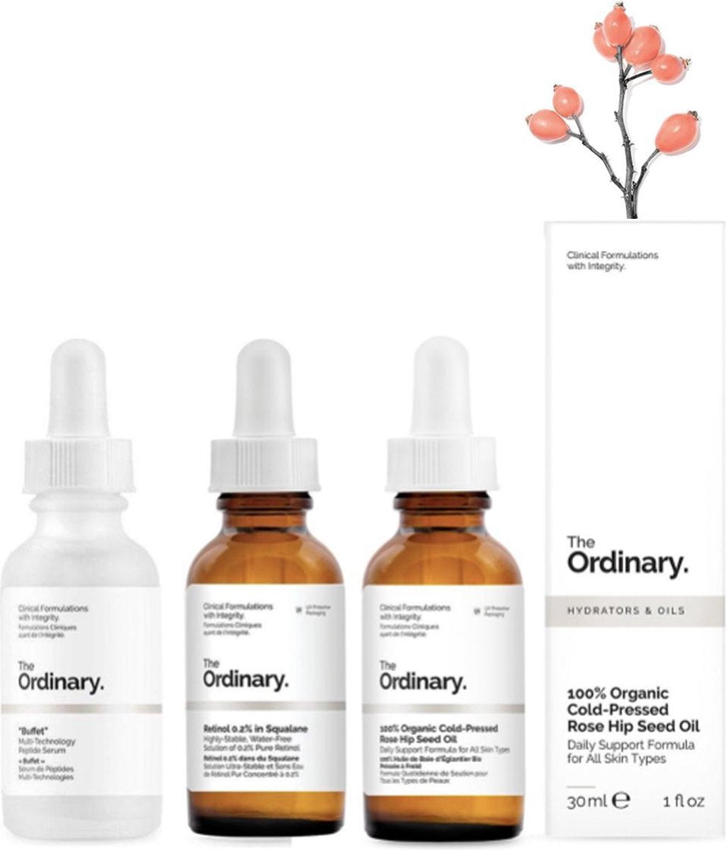 Tripple skincare set - The Ordinary | Buffet Multi-Technology Peptide Serum | Retinol 0.2% in Squalane serum | 100% Organic Cold-Pressed Rose Hip Seed Oil | Avond routine tegen anti-aging voor een strakkere huid | serum set