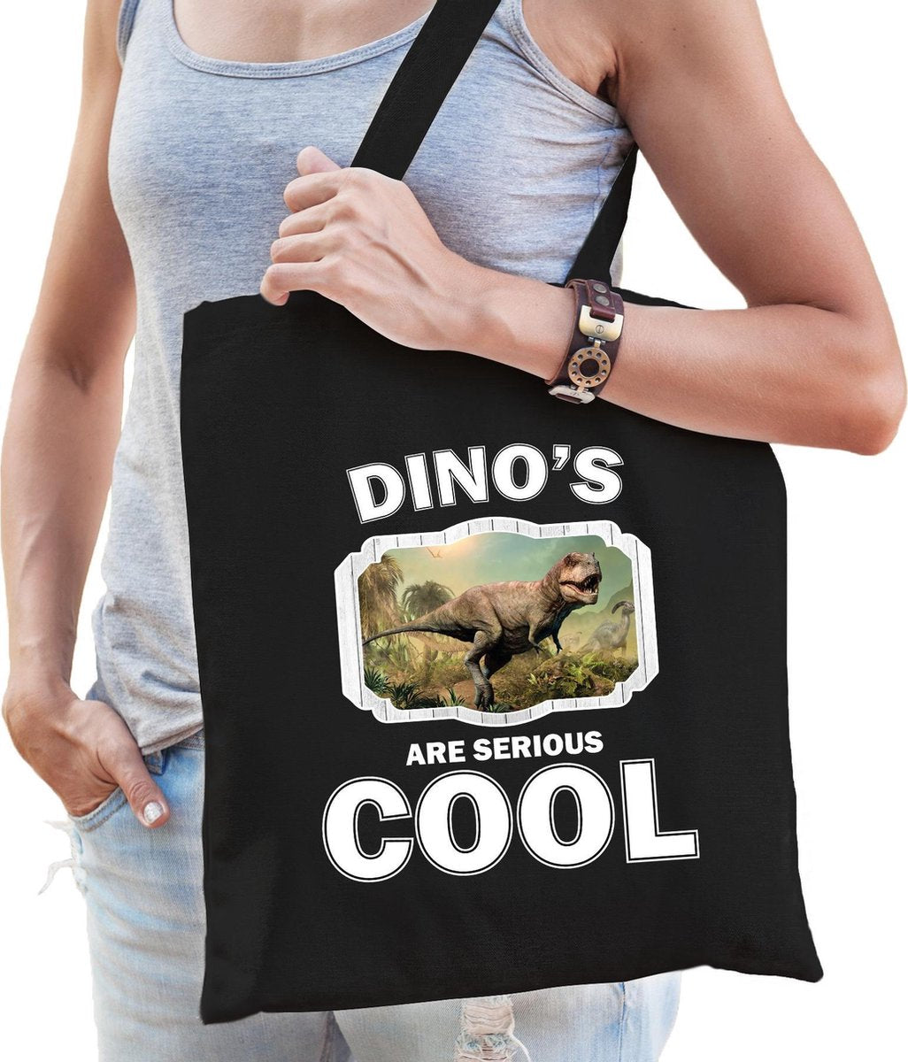 Dieren stoere t-rex dinosaurus  katoenen tasje volw + kind zwart - dinosaurs are cool boodschappentas/ gymtas / sporttas - cadeau dinosaurussen fan