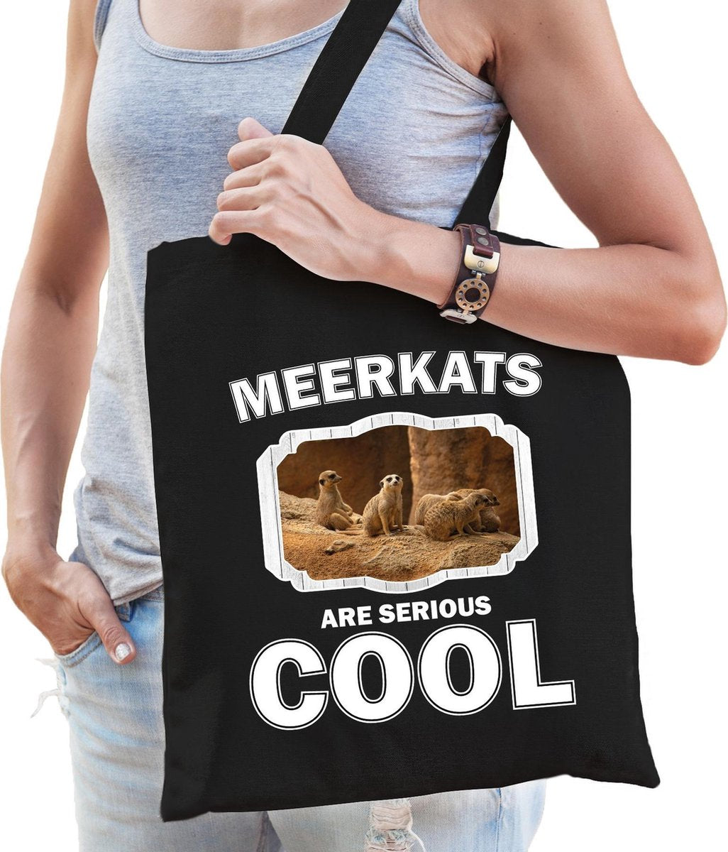 Dieren stokstaartje  katoenen tasje volw + kind zwart - meerkats are cool boodschappentas/ gymtas / sporttas - cadeau stokstaartjes fan