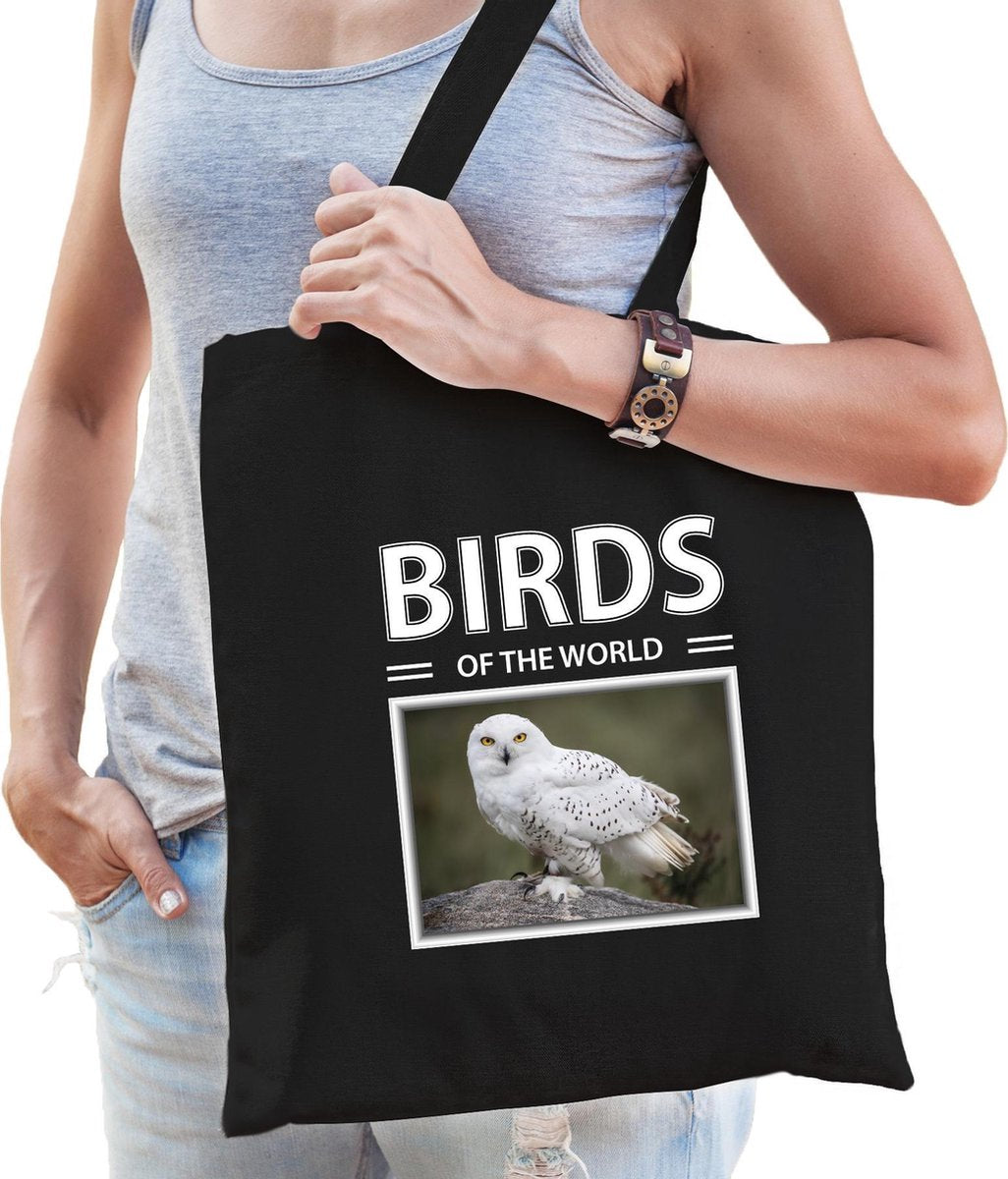 Dieren Sneeuwuil foto tas katoen volw + kind zwart - birds of the world - kado boodschappentas/ gymtas / sporttas - Sneeuwuilen