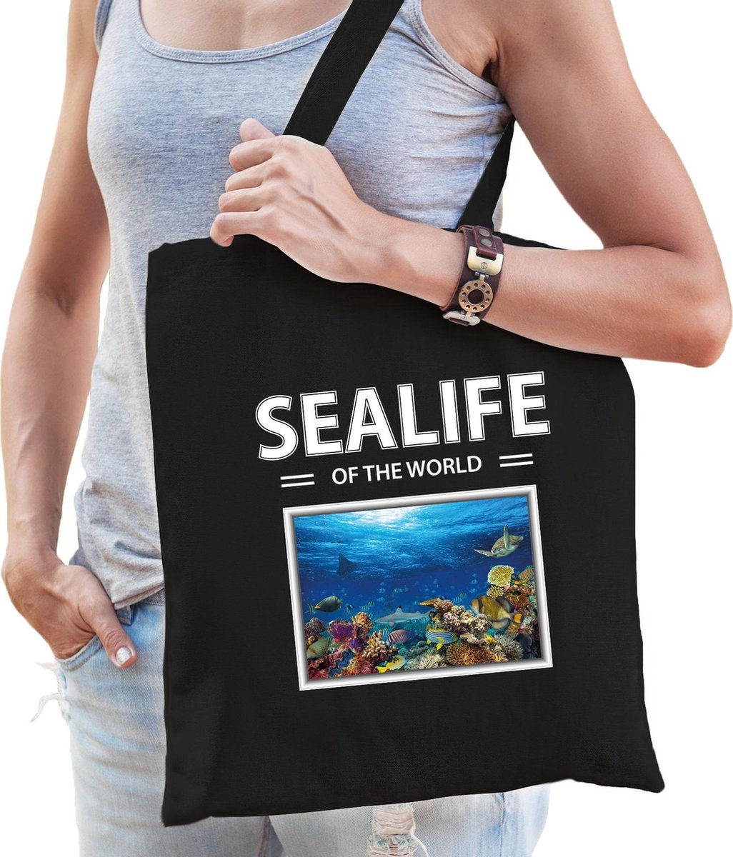 Dieren Vissen foto tas katoen volw + kind zwart - sealife of the world - kado boodschappentas/ gymtas / sporttas - Vis