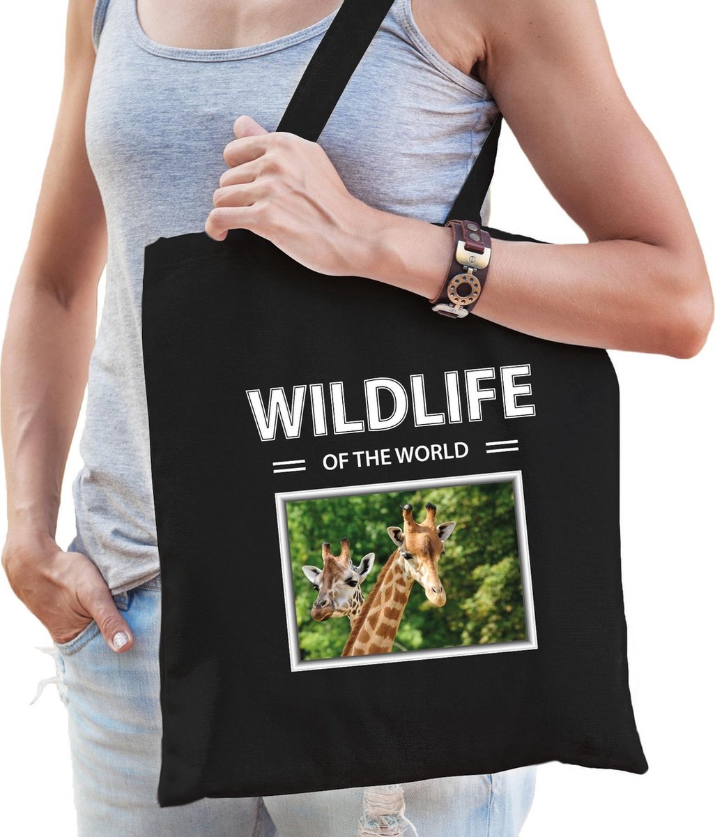 Dieren Giraf foto tas katoen volw + kind zwart - wildlife of the world - kado boodschappentas/ gymtas / sporttas - Giraffen