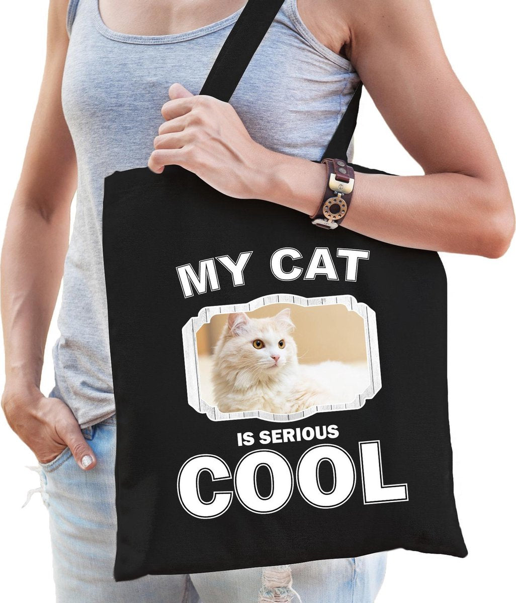 Dieren Witte katten tasje katoen volw + kind zwart - my cat is serious cool kado boodschappentas/ gymtas / sporttas - katten/ poes