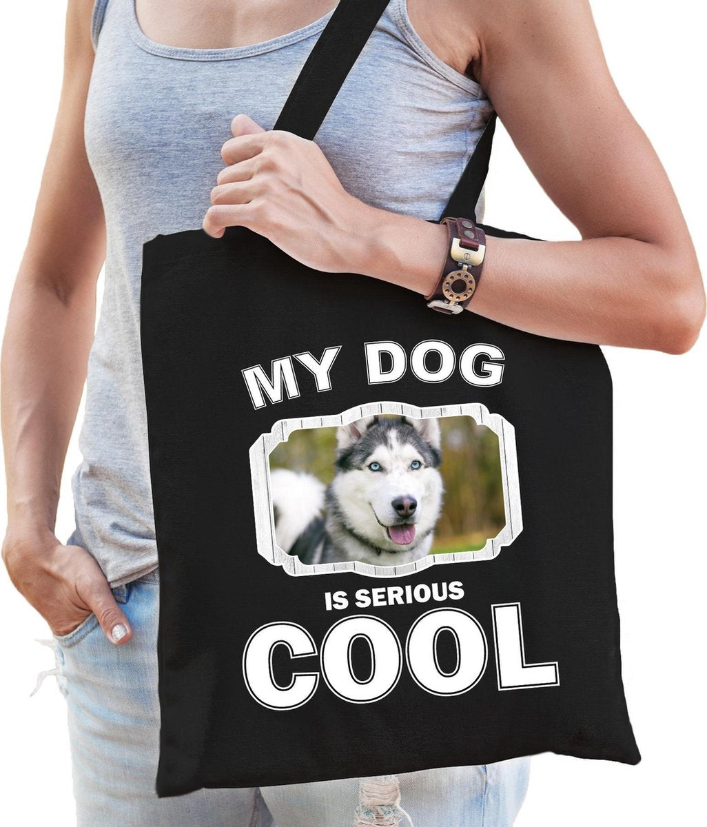 Dieren Siberische huskys tasje katoen volw + kind zwart - my dog is serious cool kado boodschappentas/ gymtas / sporttas - honden / hond