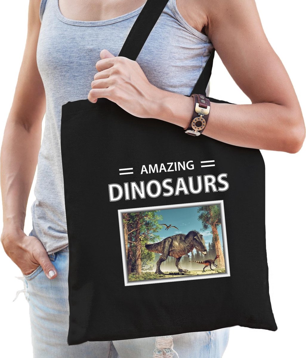 Dieren T-rex dino foto tas katoen volw + kind zwart - amazing dinosaurs - kado boodschappentas/ gymtas / sporttas - T-rex dinosaurus