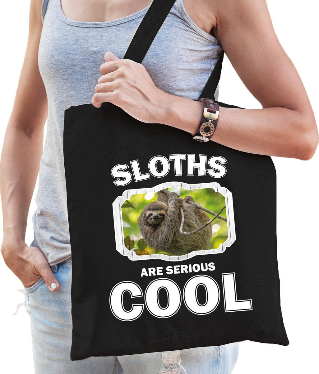 Dieren luiaard  katoenen tasje volw + kind zwart - sloths are cool boodschappentas/ gymtas / sporttas - cadeau luiaards fan