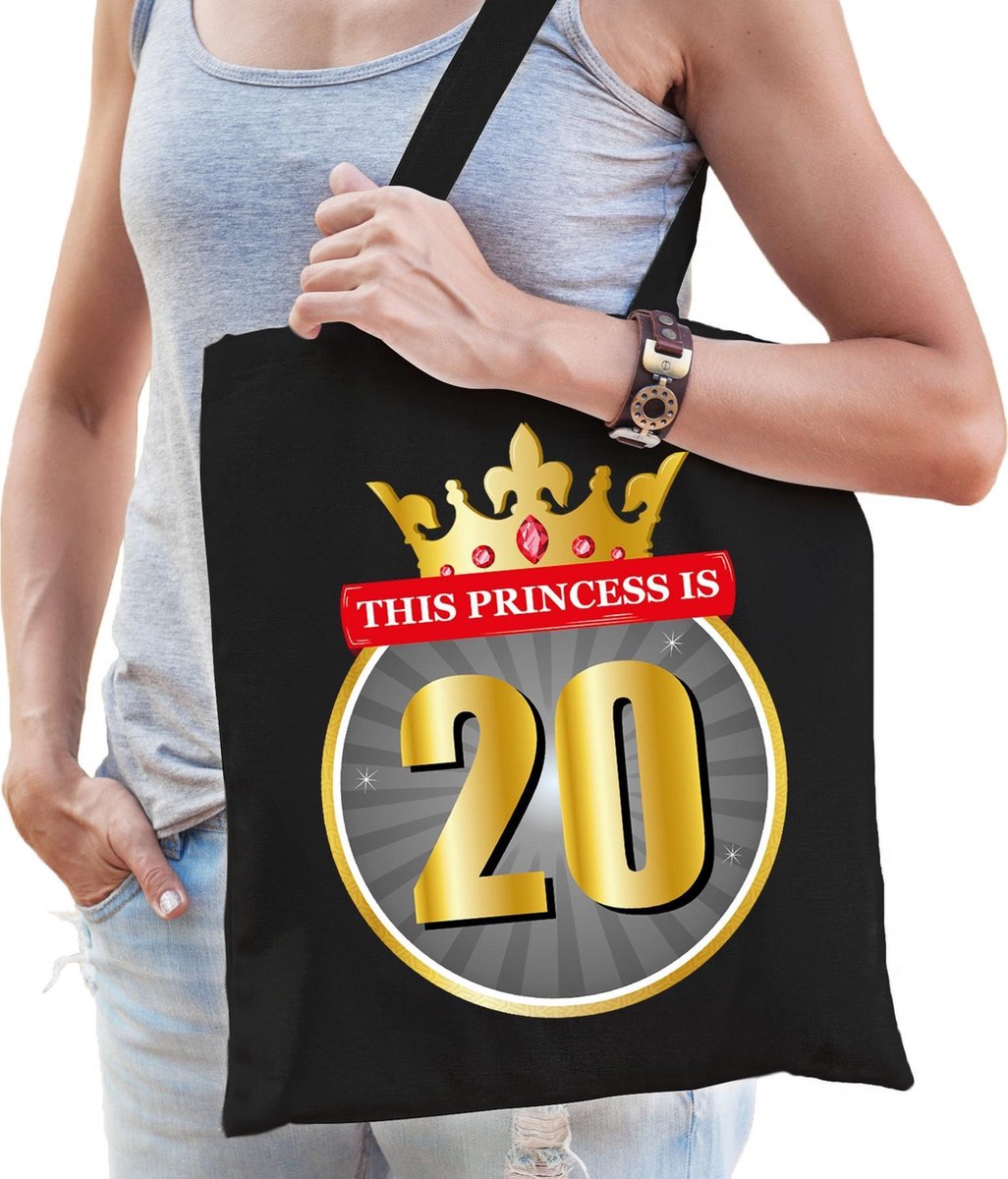 This Princess is 20 verjaardag katoenen tas zwart voor dames - cadeau tas / tasje / shopper