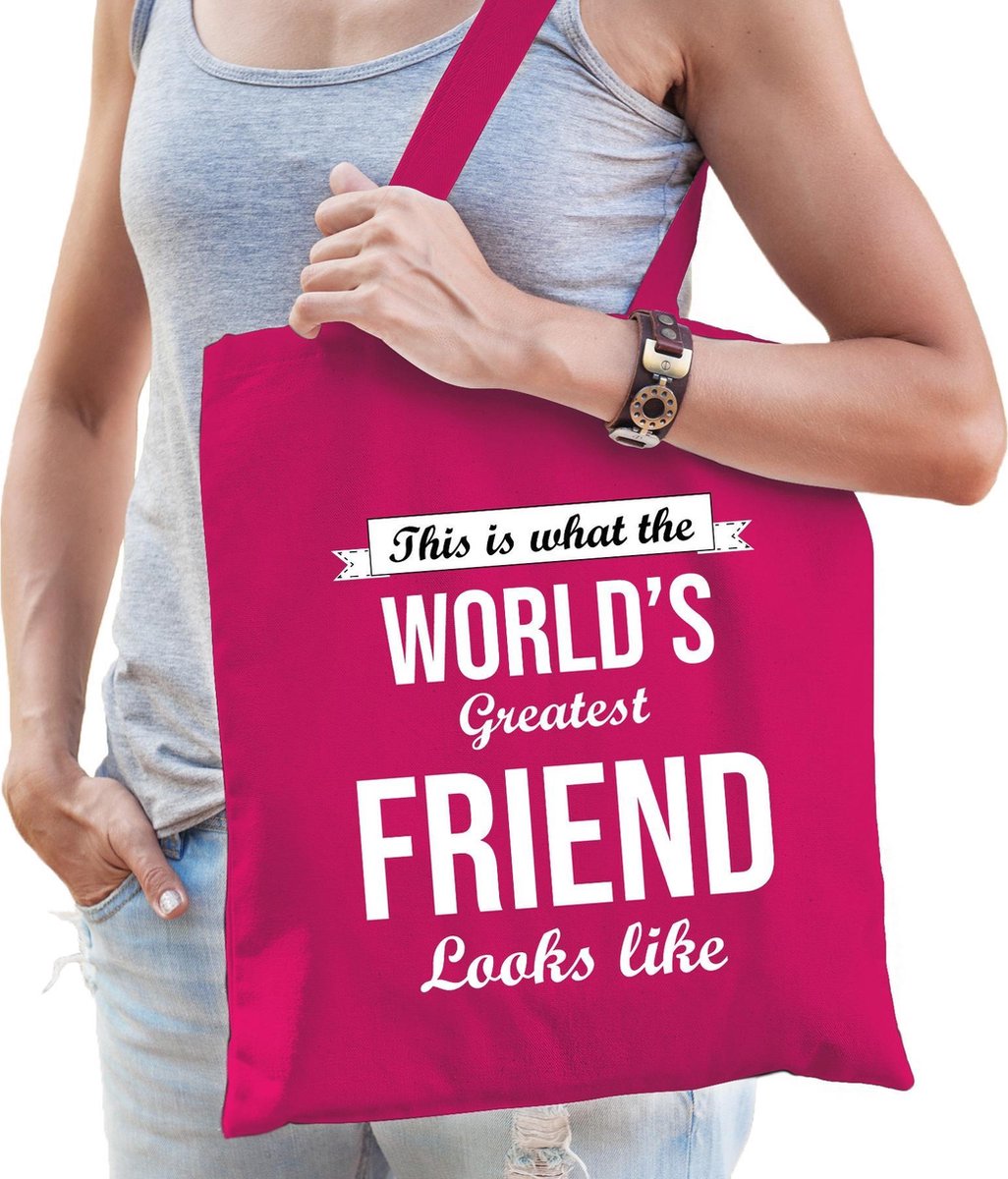 Worlds greatest FRIEND cadeau tasje roze voor dames - verjaardag / kado tas / katoenen shopper voor vriendinnen