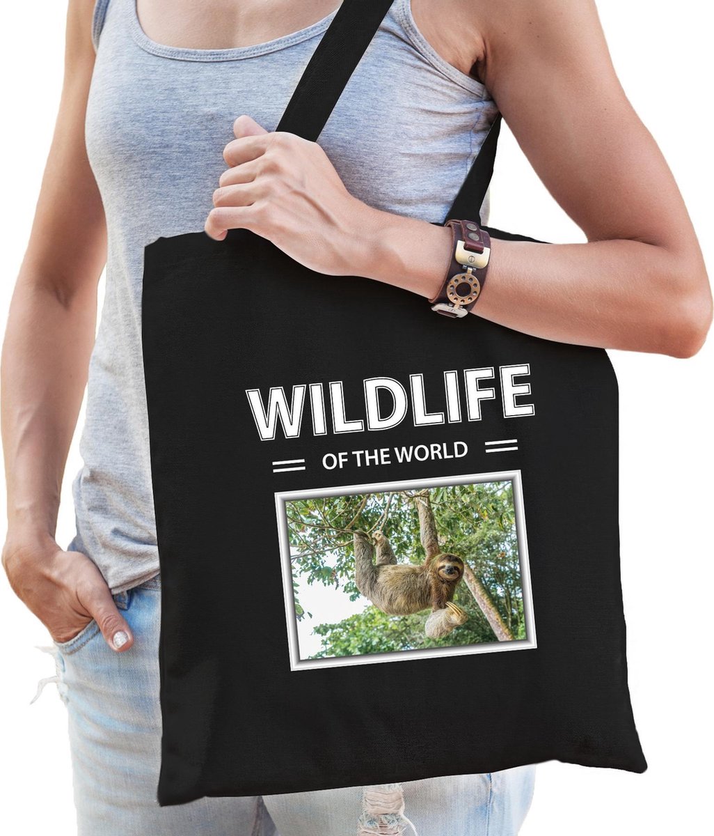 Dieren Luiaard foto tas katoen volw + kind zwart - wildlife of the world - kado boodschappentas/ gymtas / sporttas - Luiaarden