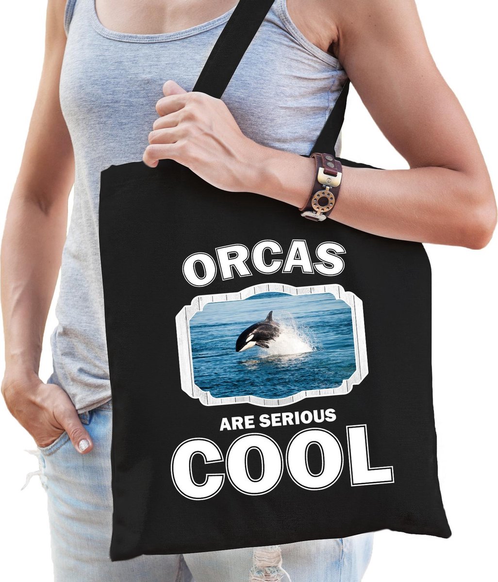 Dieren orka  katoenen tasje volw + kind zwart - orcas are cool boodschappentas/ gymtas / sporttas - cadeau orka vissen fan