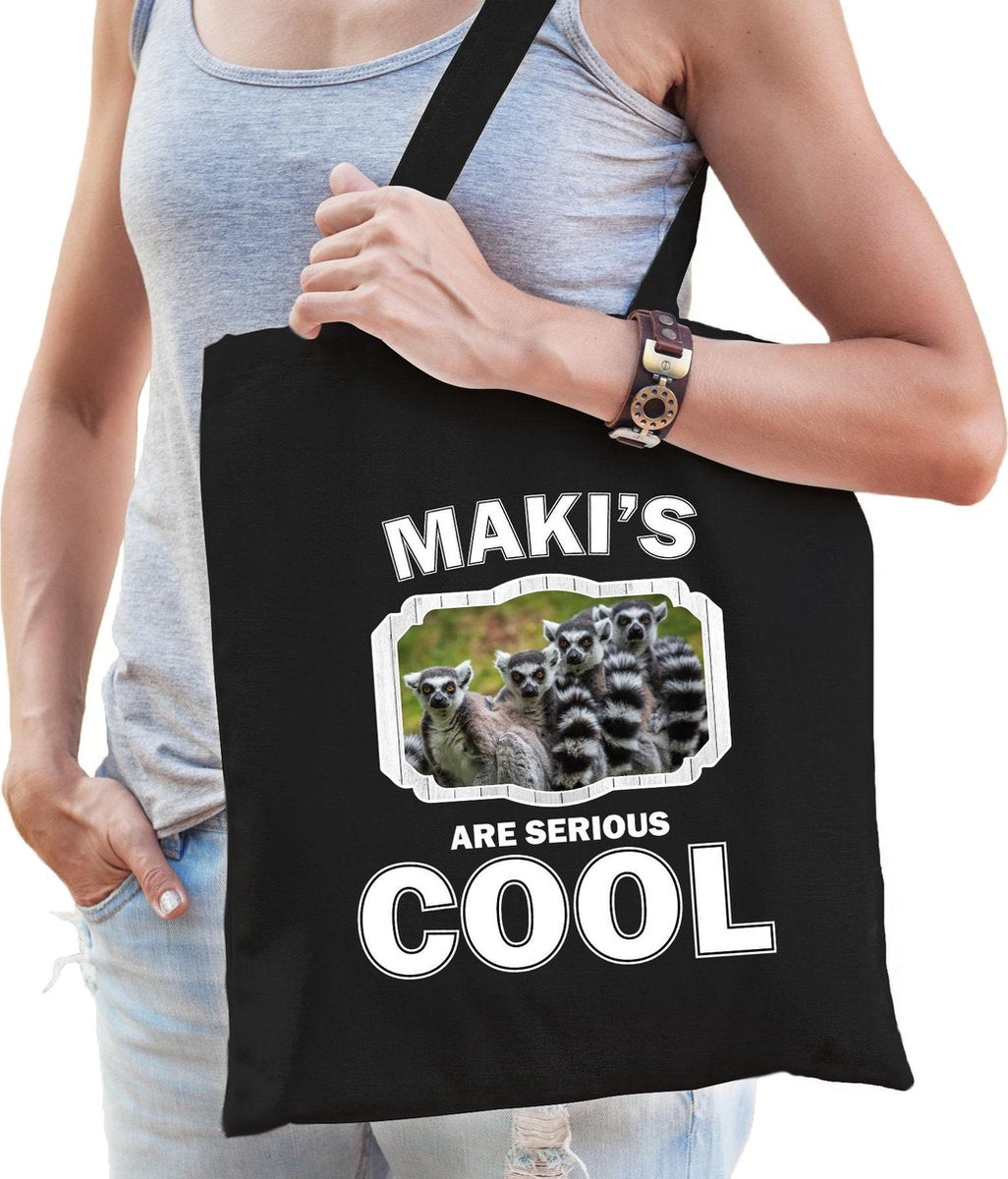Dieren maki familie  katoenen tasje volw + kind zwart - makis are cool boodschappentas/ gymtas / sporttas - cadeau maki apen fan