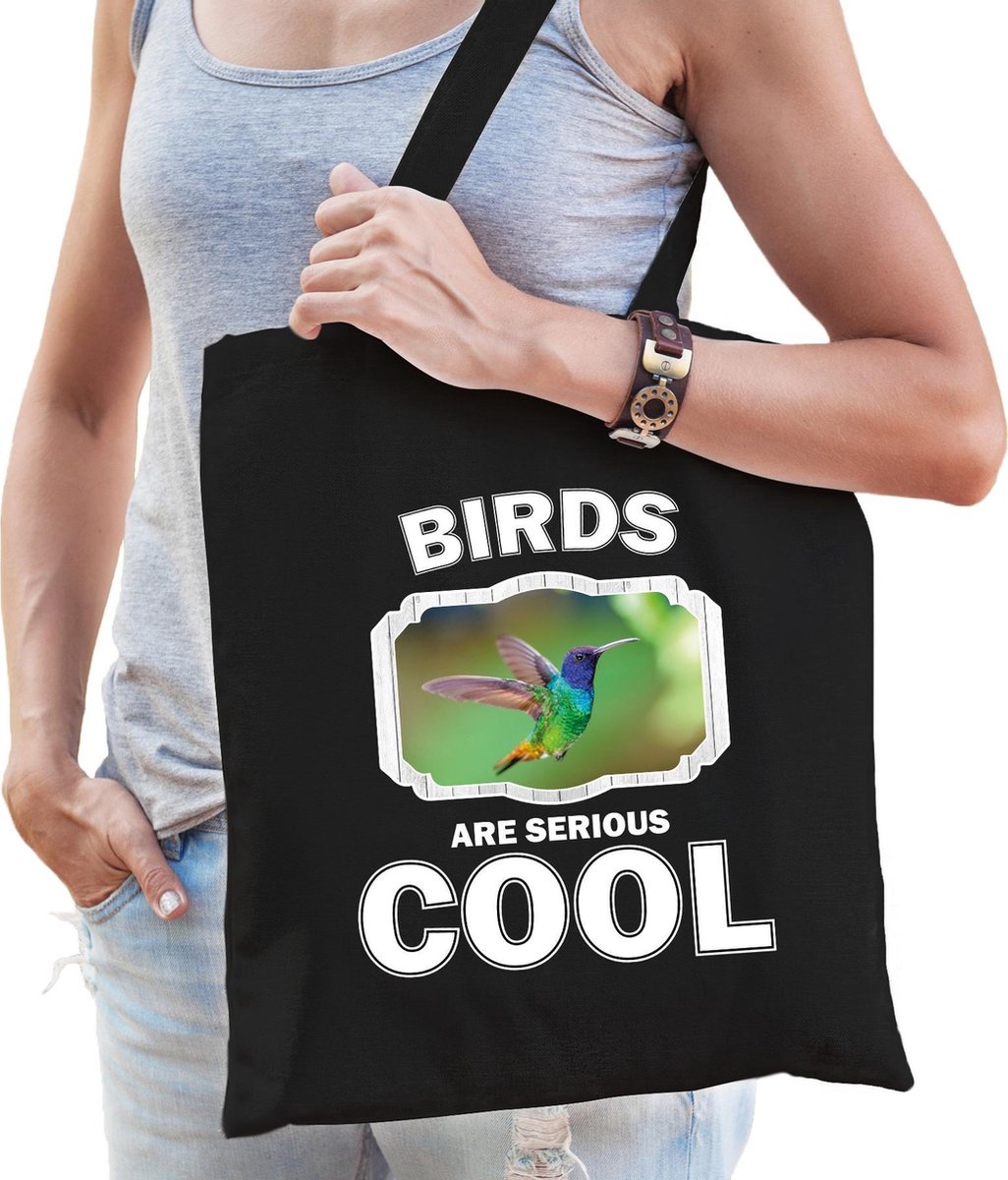 Dieren kolibrie vogel  katoenen tasje volw + kind zwart - birds are cool boodschappentas/ gymtas / sporttas - cadeau vogels fan