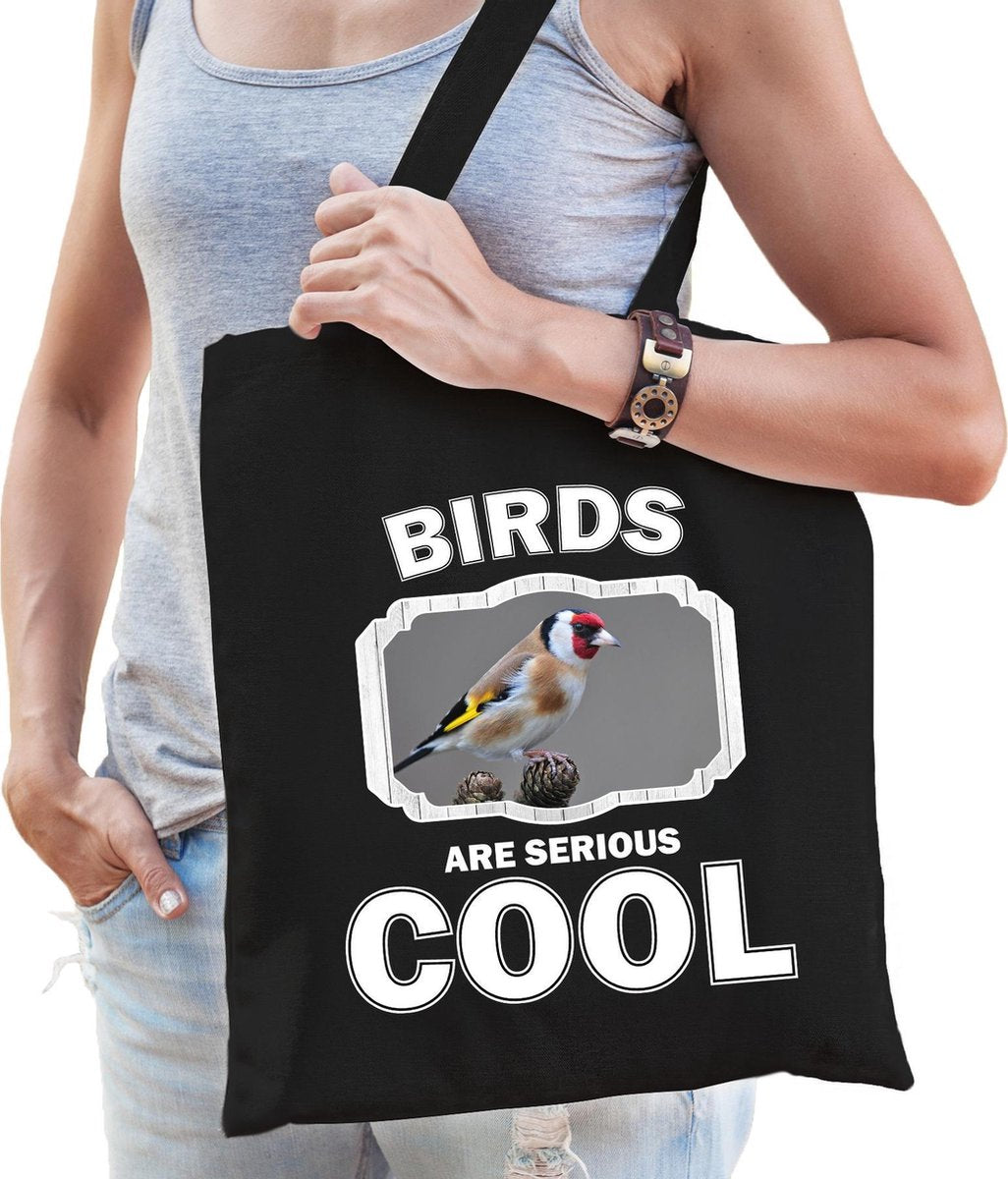 Dieren putter vogel  katoenen tasje volw + kind zwart - birds are cool boodschappentas/ gymtas / sporttas - cadeau vogels fan