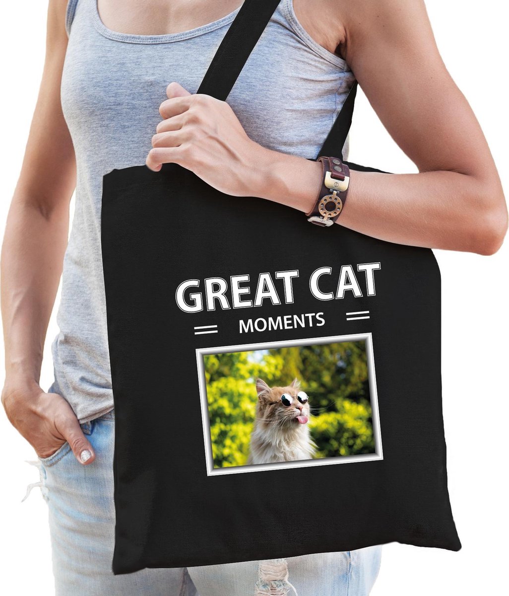 Dieren katten foto tas katoen volw + kind zwart - great cat moments - kado boodschappentas/ gymtas / sporttas - Katten