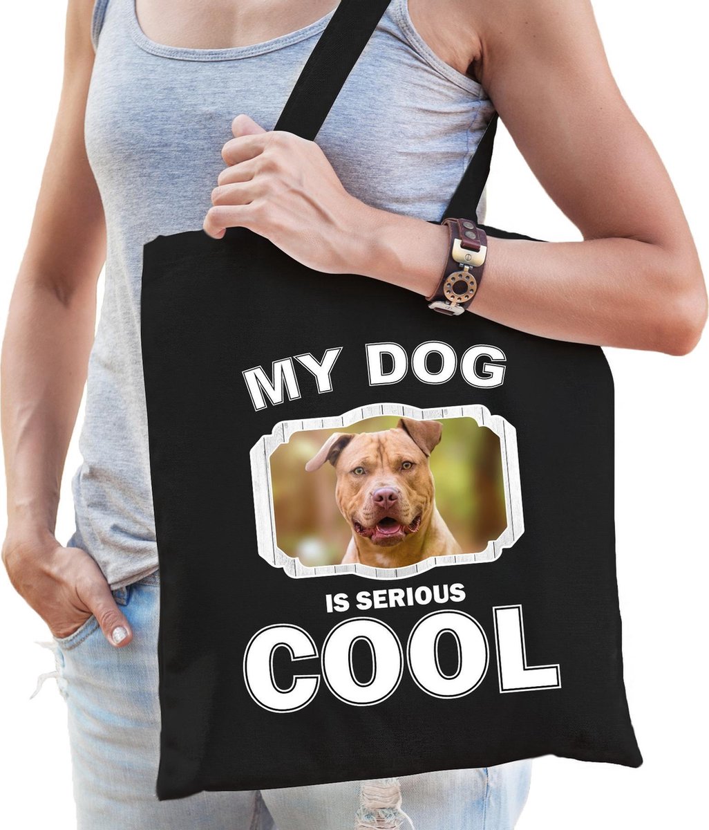 Dieren Staffordshire bull terriers tasje katoen volw + kind zwart - my dog is serious cool kado boodschappentas/ gymtas / sporttas - honden / hond