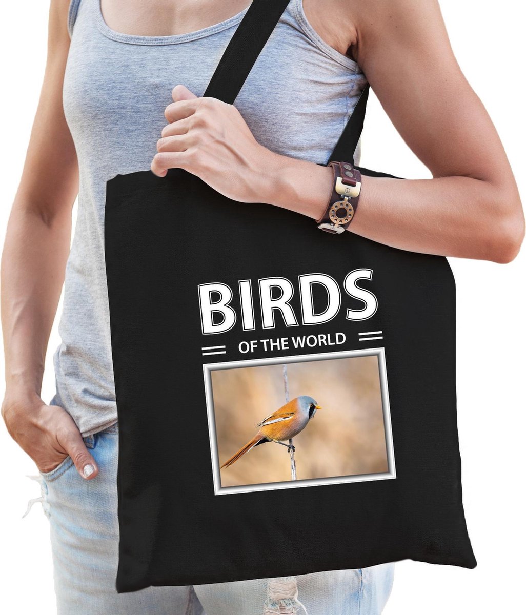 Dieren Baardmannetje vogel foto tas katoen volw + kind zwart - birds of the world - kado boodschappentas/ gymtas / sporttas - Baardmannetjes