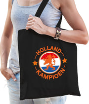 Holland kampioen leeuw katoenen tas/shopper zwart voor dames en heren - oranje supporter - Koningsdag/ EK/ WK voetbal