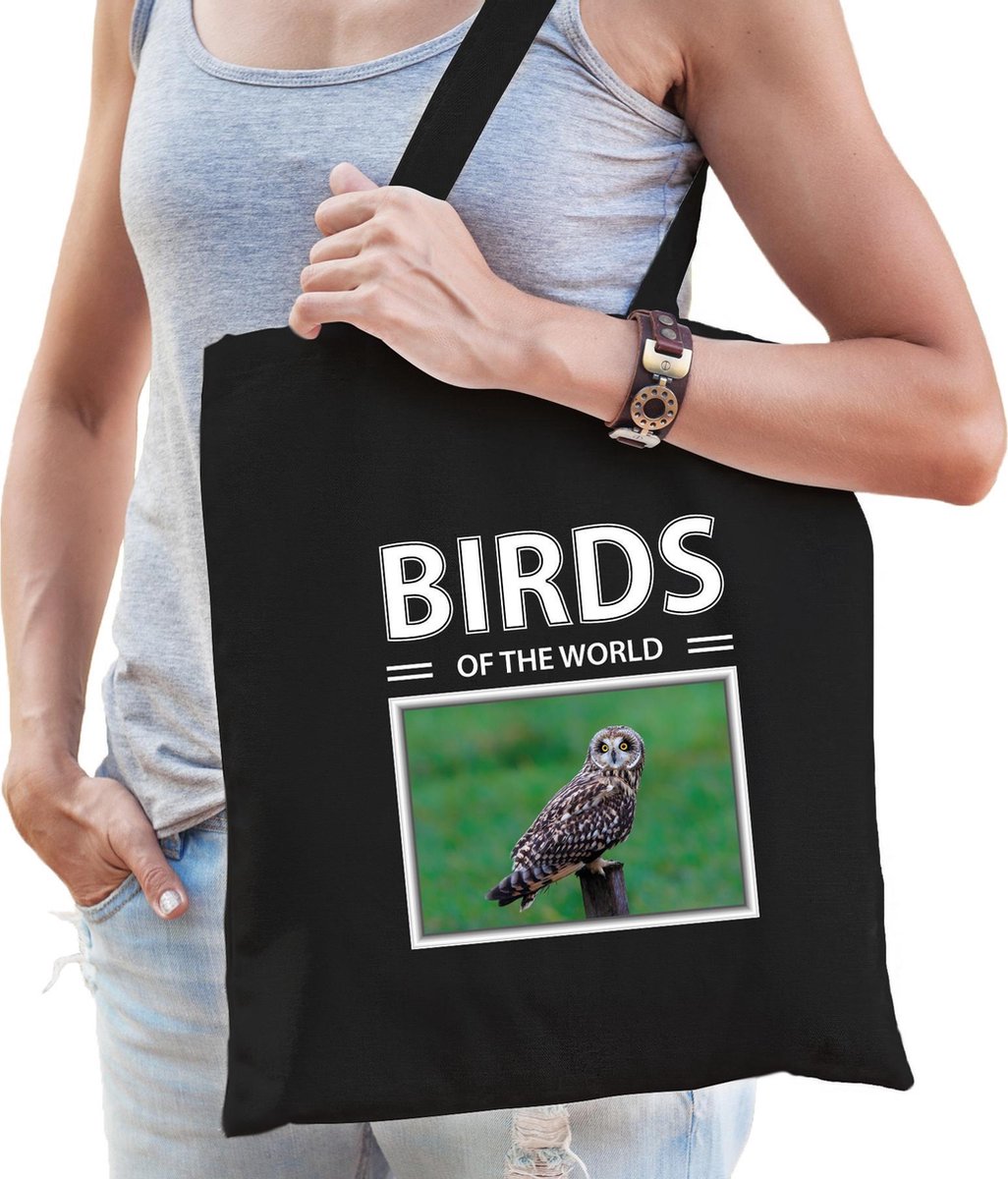 Dieren Velduil foto tas katoen volw + kind zwart - birds of the world - kado boodschappentas/ gymtas / sporttas - Velduilen