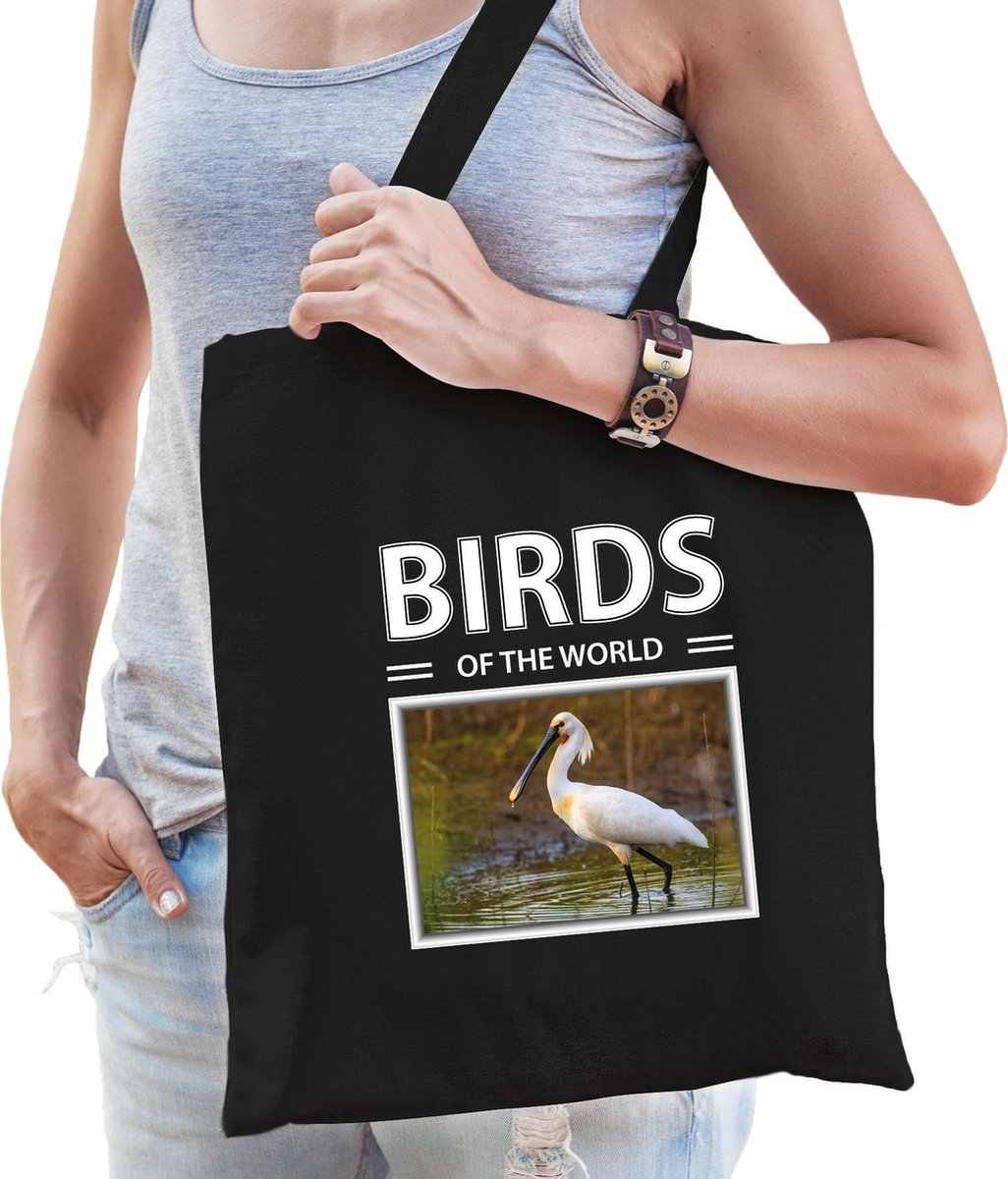 Dieren lepelaar vogel foto tas katoen volw + kind zwart - birds of the world - kado boodschappentas/ gymtas / sporttas - Lepelaars