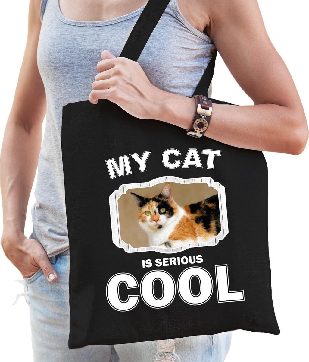 Dieren lapjeskatten tasje katoen volw + kind zwart - my cat is serious cool kado boodschappentas/ gymtas / sporttas - katten/ poes