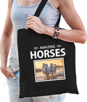 Dieren wit paard foto tas katoen volw + kind zwart - amazing horses - kado boodschappentas/ gymtas / sporttas - Witte paarden