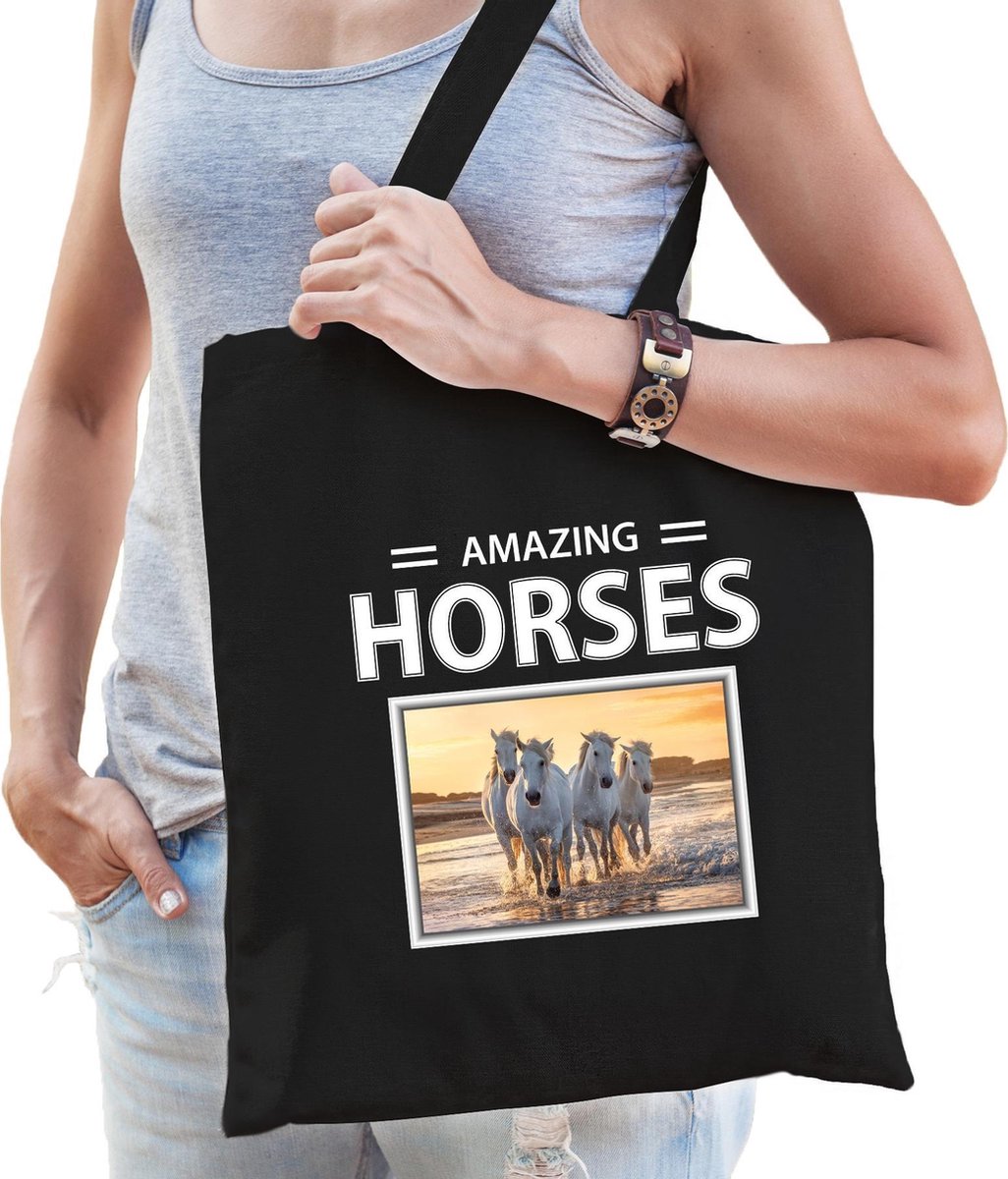 Dieren wit paard foto tas katoen volw + kind zwart - amazing horses - kado boodschappentas/ gymtas / sporttas - Witte paarden