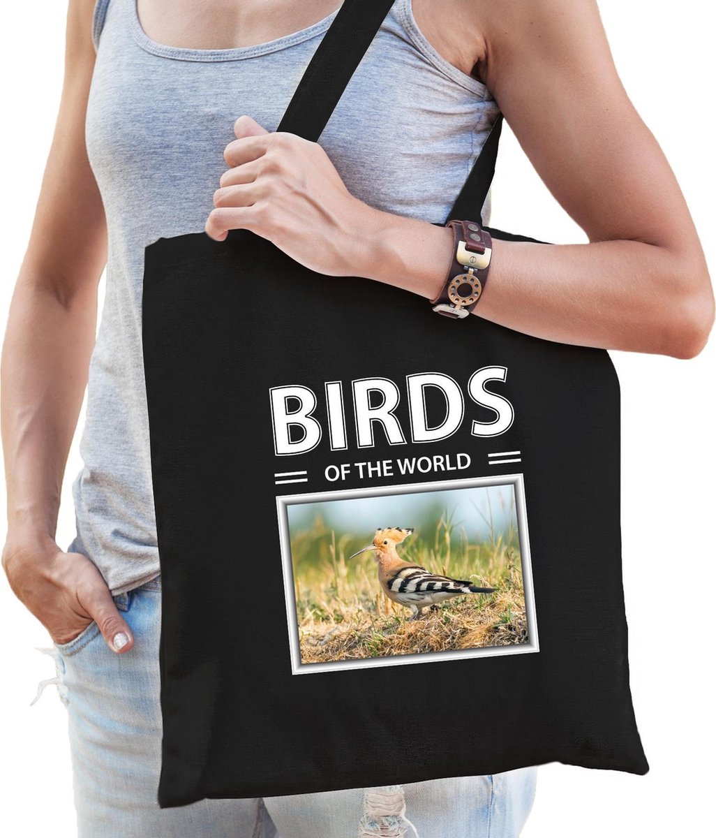Dieren Hop foto tas katoen volw + kind zwart - birds of the world - kado boodschappentas/ gymtas / sporttas - Hop vogels