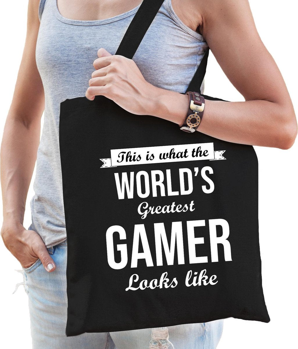 Worlds greatest GAMER cadeau tasje zwart voor dames - verjaardag / kado tas / katoenen shopper voor gamers