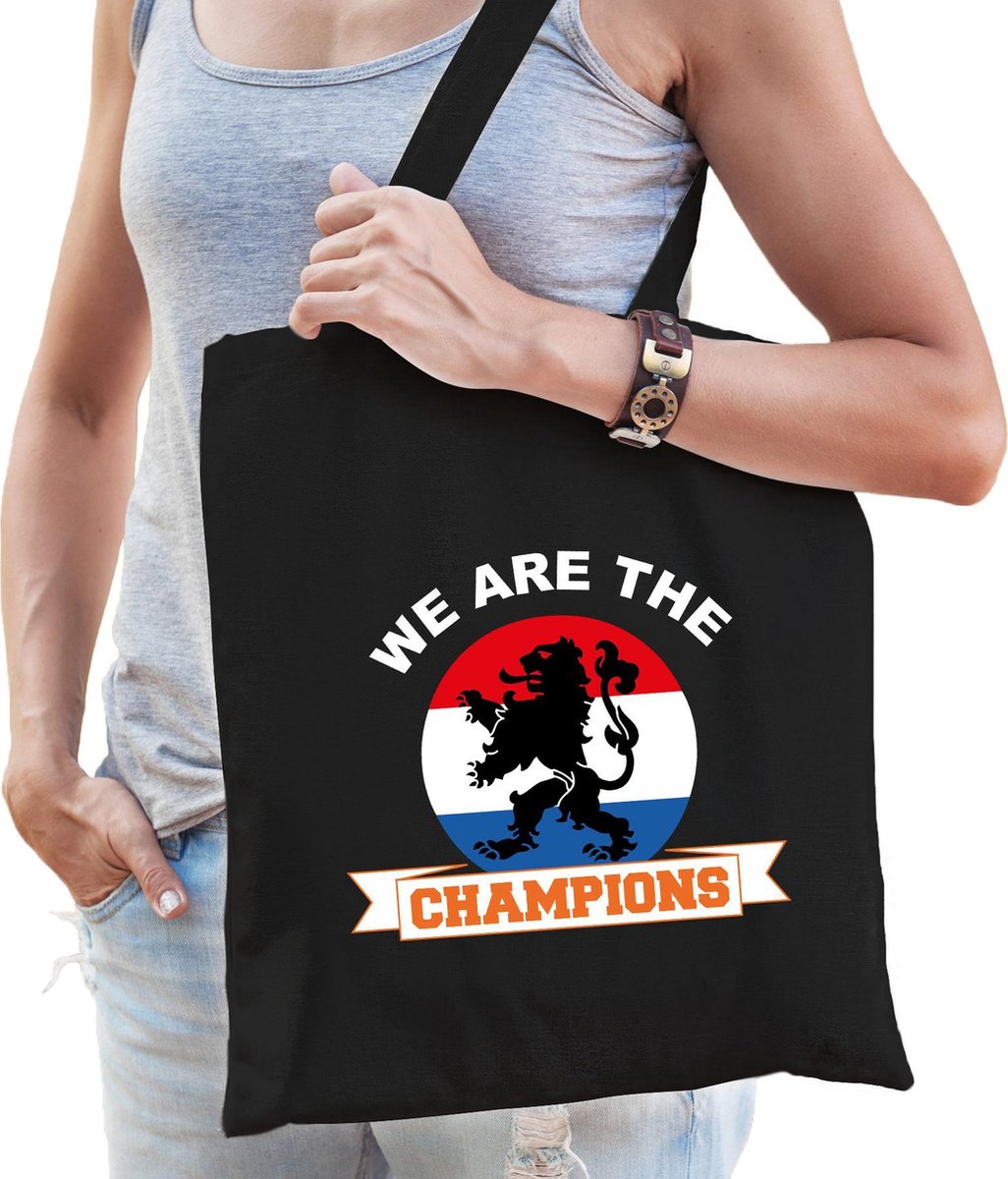 We are the champions katoenen tas/shopper zwart voor dames en heren - oranje supporter - Koningsdag/ EK/ WK voetbal
