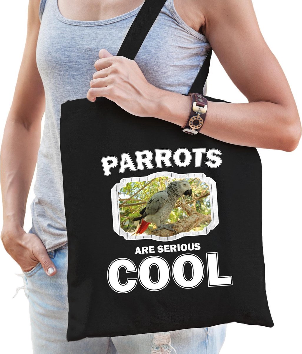Dieren grijze roodstaart papegaai  katoenen tasje volw + kind zwart - parrots are cool boodschappentas/ gymtas / sporttas - cadeau papegaaien fan
