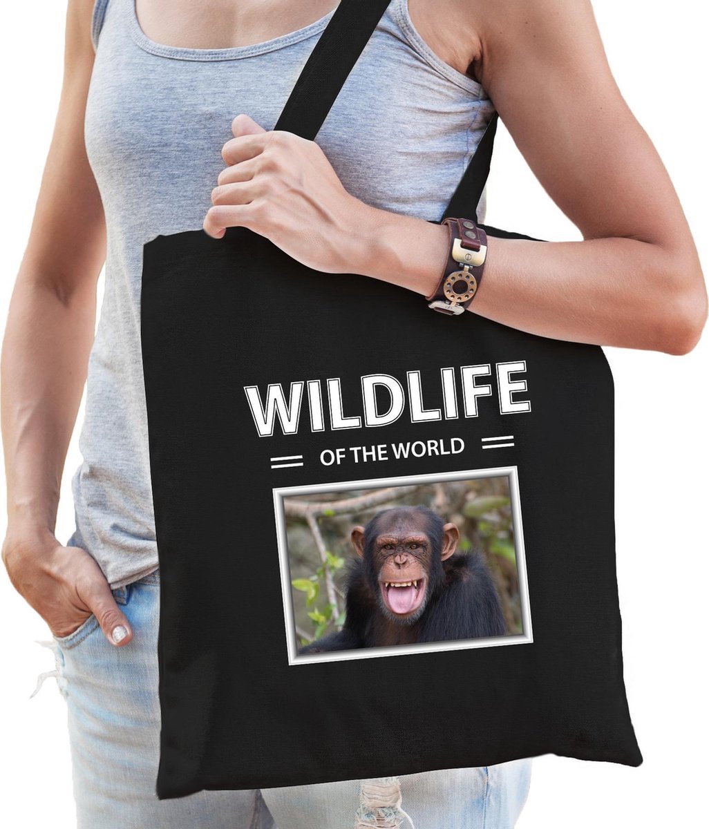 Dieren Chimpansee aap foto tas katoen volw + kind zwart - wildlife of the world - kado boodschappentas/ gymtas / sporttas - Apen