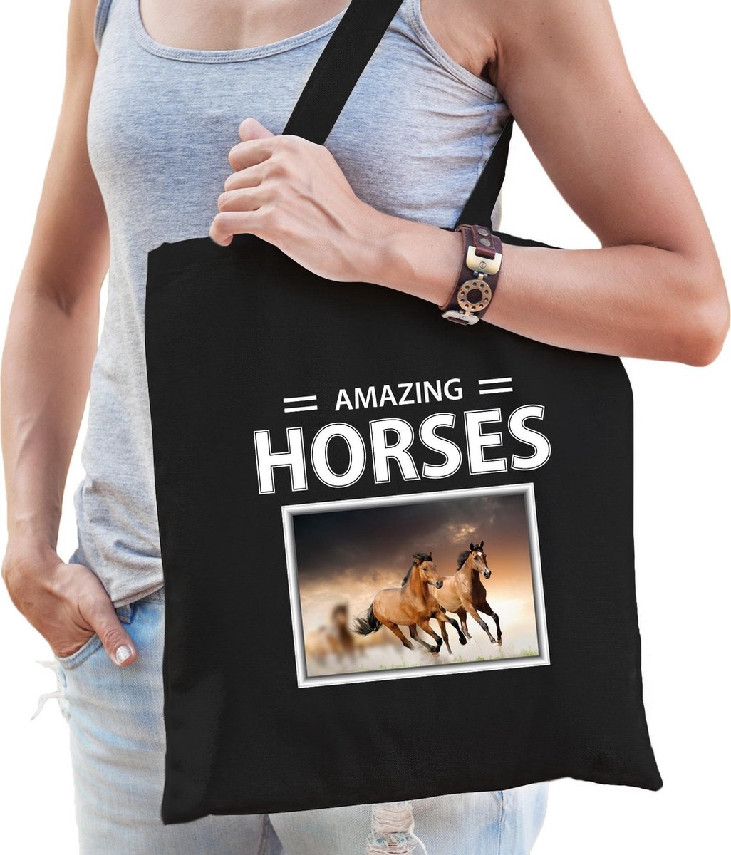 Dieren Bruin paard foto tas katoen volw + kind zwart - amazing horses - kado boodschappentas/ gymtas / sporttas - Bruine paarden