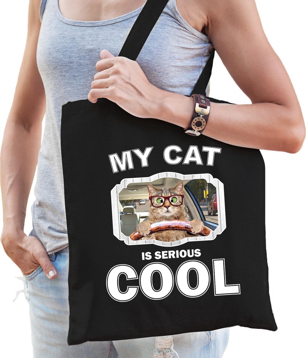 Dieren rode katten tas katoen volw + kind zwart - my cat is serious cool kado boodschappentas/ gymtas / sporttas - katten/ poes