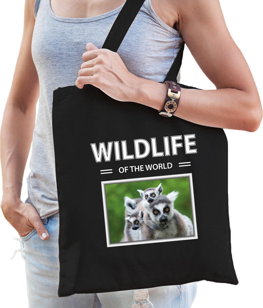Dieren Ringstaart maki foto tas katoen volw + kind zwart - wildlife of the world - kado boodschappentas/ gymtas / sporttas - Ringstaart makis