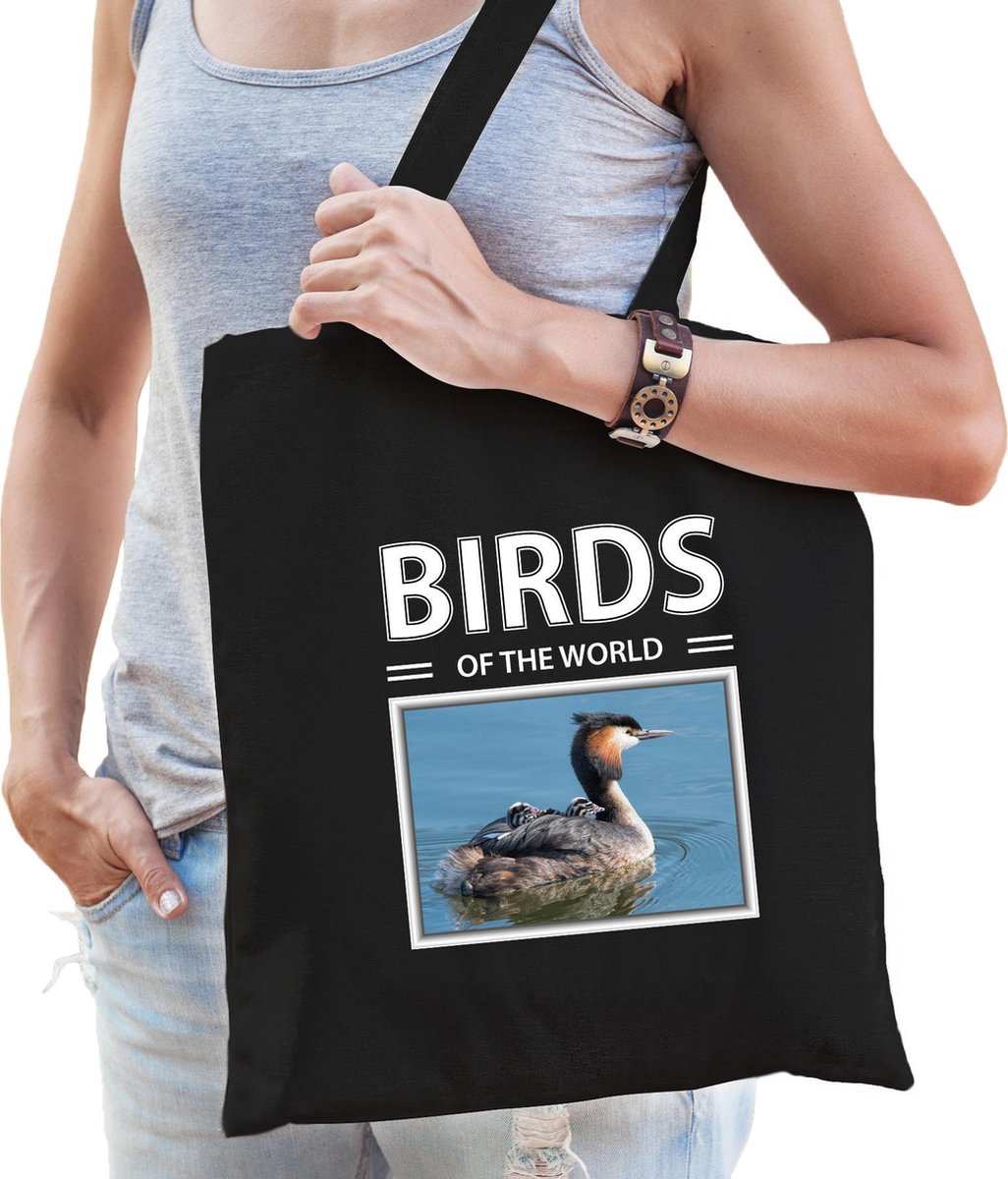 Dieren Fuut vogel foto tas katoen volw + kind zwart - birds of the world - kado boodschappentas/ gymtas / sporttas - Futen