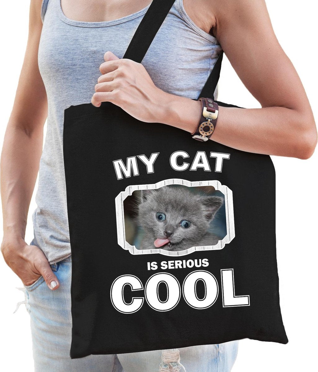 Dieren grijze katten tas katoen volw + kind zwart - my cat is serious cool kado boodschappentas/ gymtas / sporttas - katten/ poes