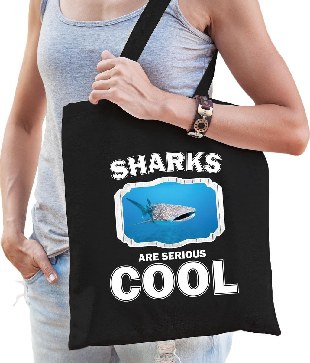 Dieren walvishaai  katoenen tasje volw + kind zwart - sharks are cool boodschappentas/ gymtas / sporttas - cadeau haaien fan