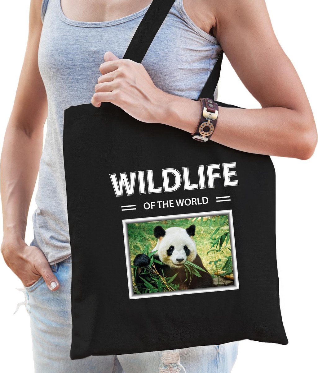 Dieren Panda foto tas katoen volw + kind zwart - wildlife of the world - kado boodschappentas/ gymtas / sporttas - Pandas