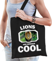 Dieren leeuw  katoenen tasje volw + kind zwart - lions are cool boodschappentas/ gymtas / sporttas - cadeau leeuwen fan