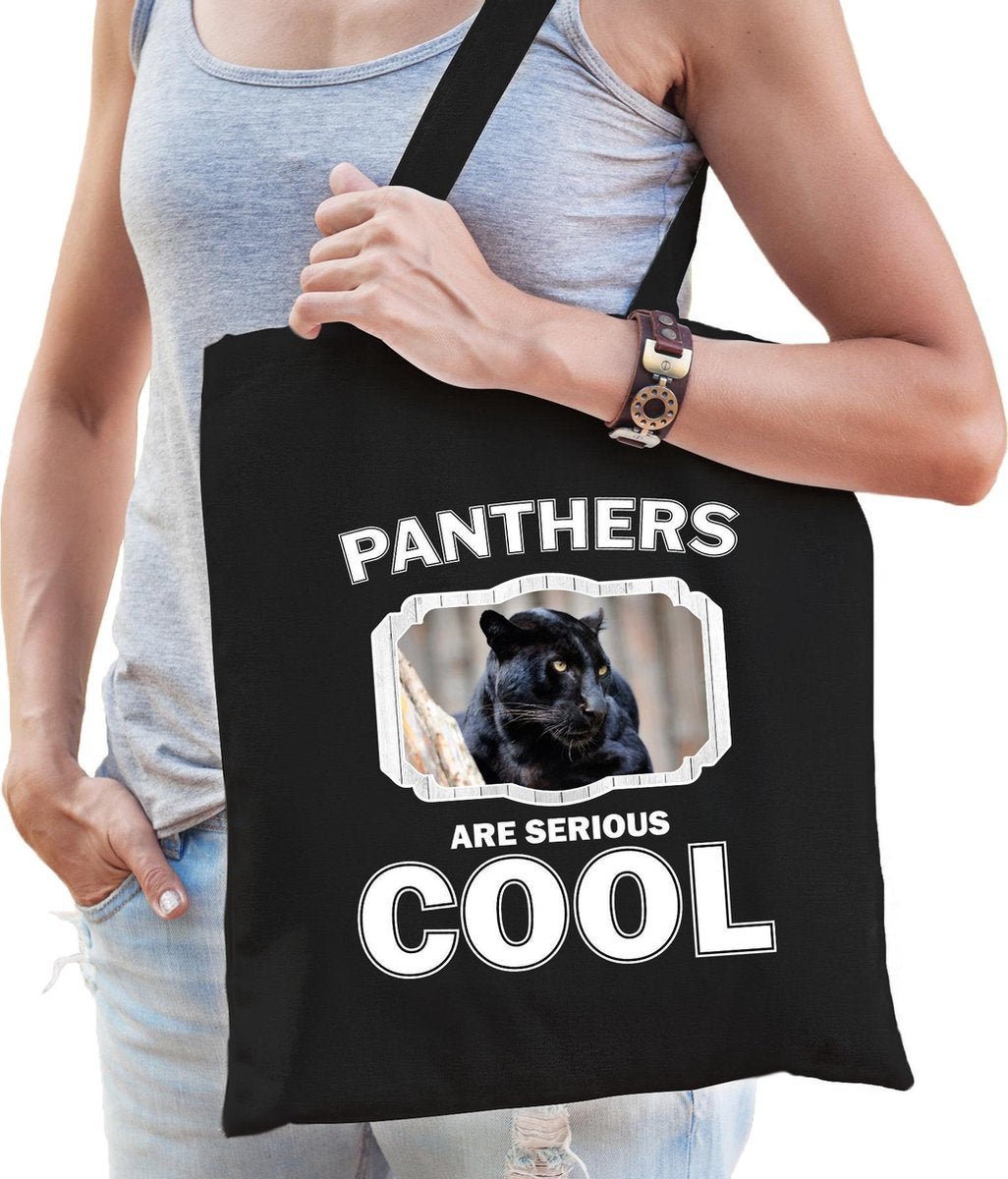 Dieren zwarte panter  katoenen tasje volw + kind zwart - panthers are cool boodschappentas/ gymtas / sporttas - cadeau panters fan