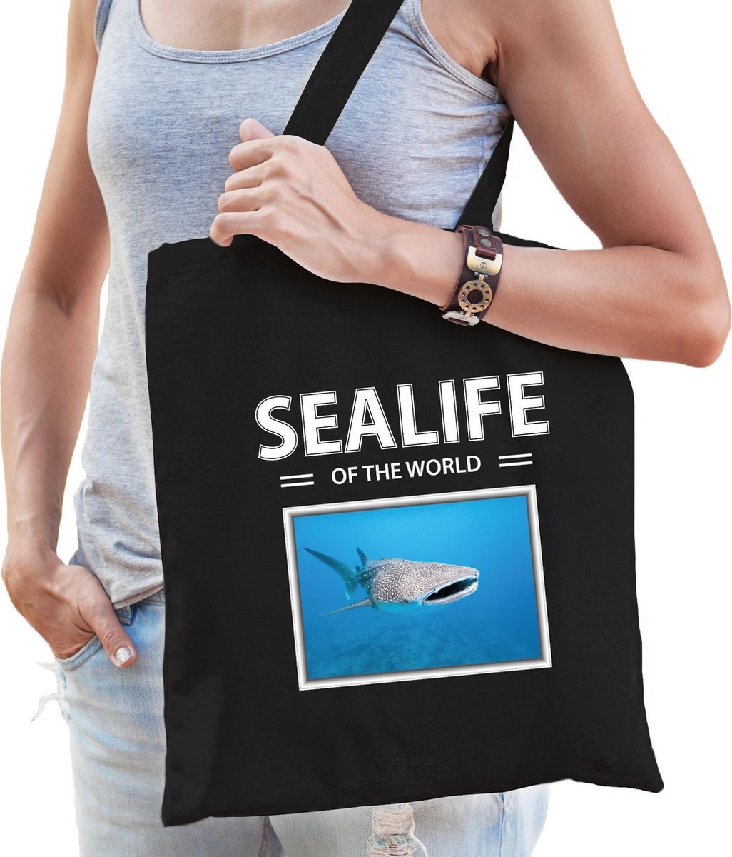 Dieren Haaien foto tas katoen volw + kind zwart - sealife of the world - kado boodschappentas/ gymtas / sporttas - Tijgerhaai