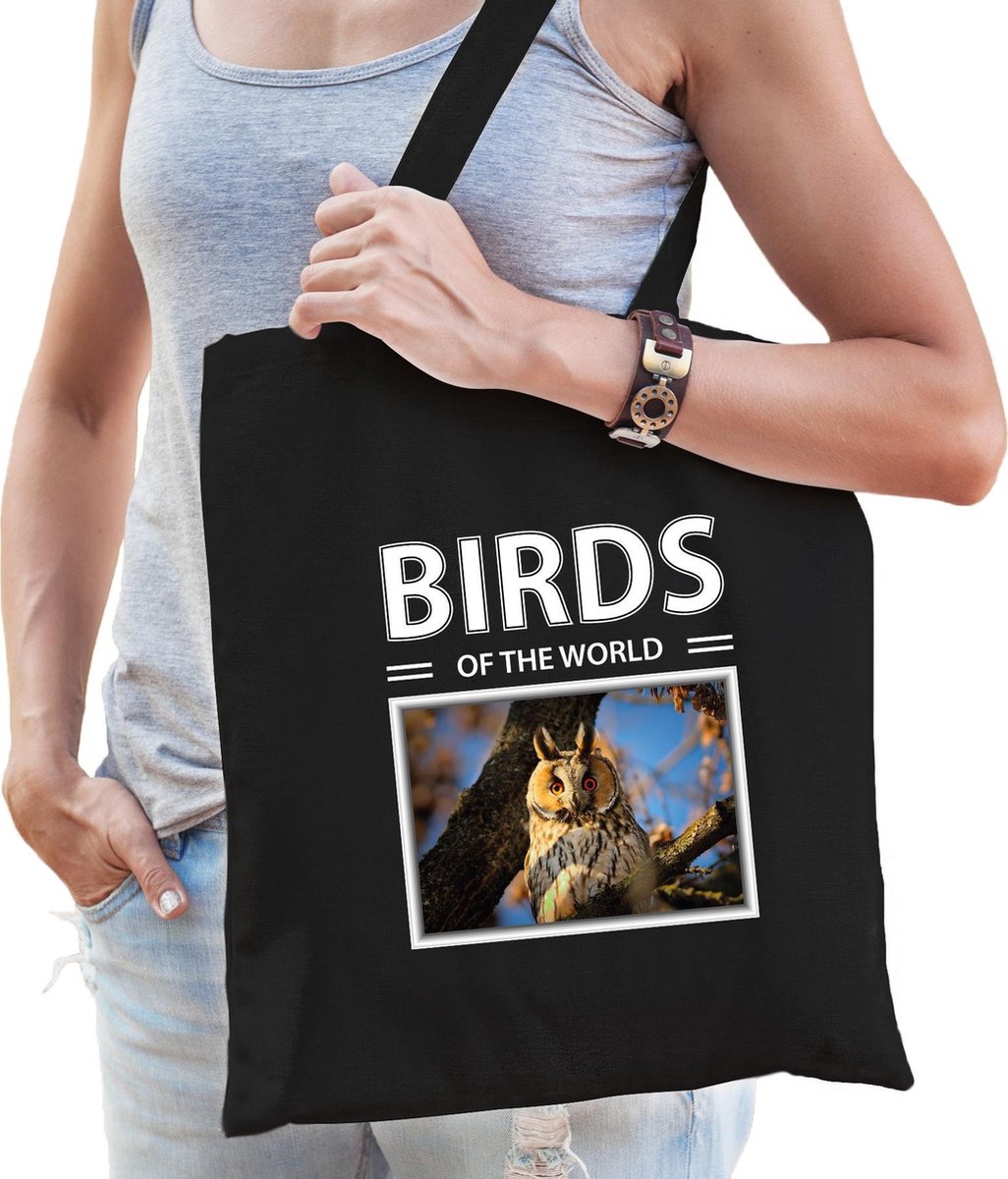 Dieren Ransuil foto tas katoen volw + kind zwart - birds of the world - kado boodschappentas/ gymtas / sporttas - Ransuilen