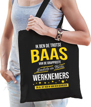 Trotse baas van de leukste werknemers katoenen cadeau tas voor dames - zwart - verjaardag - kado voor werkgevers / bazinnen