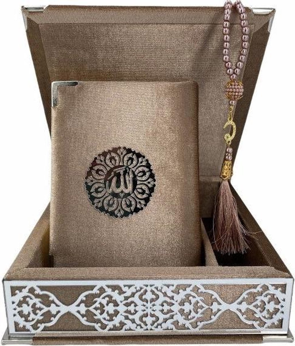 Fluwelen Koran in Doos met Tasbeeh Taupe Zilver