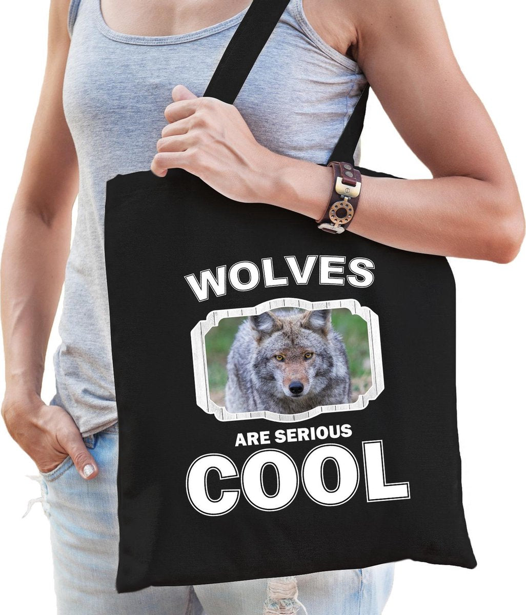 Dieren wolf  katoenen tasje volw + kind zwart - wolves are cool boodschappentas/ gymtas / sporttas - cadeau wolven fan