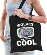 Dieren wolf  katoenen tasje volw + kind zwart - wolves are cool boodschappentas/ gymtas / sporttas - cadeau wolven fan