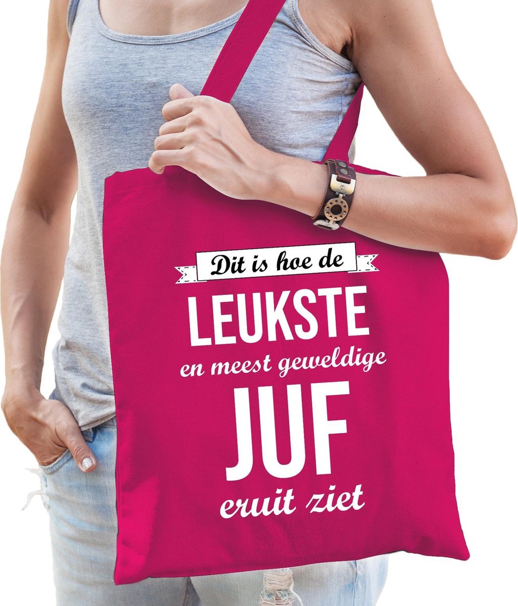 Leukste juf katoenen cadeau tas roze voor dames - verjaardag cadeau tas voor een lerares / leerkracht / juf / bedankje